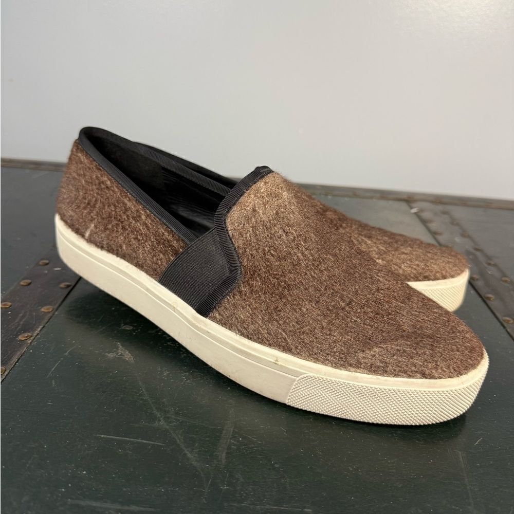 Vince Brown Leather Calf Fur Slip On Shoes Sneakers Women's Size US 9.5M EUR 41